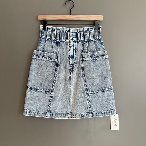 NWT SEA Betty Acid Wash Mini Skirt Size 2 Blue Denim High Waist Paperbag Chic - Picture 4 of 16